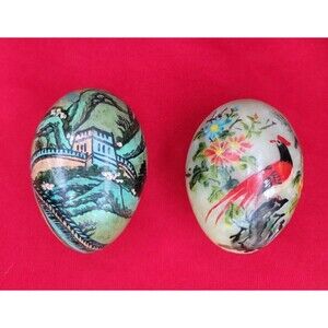 Marble Easter Egg Set Asian Hand Painted Red Bird Flowers Chinese Wall Oriental